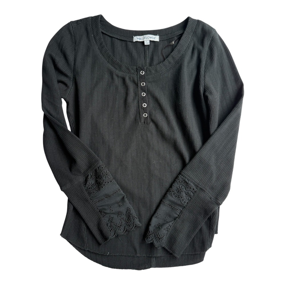 Wallflower Womens Black Ribbed Henley Top Eyelet Lace Cuff Thermal Large